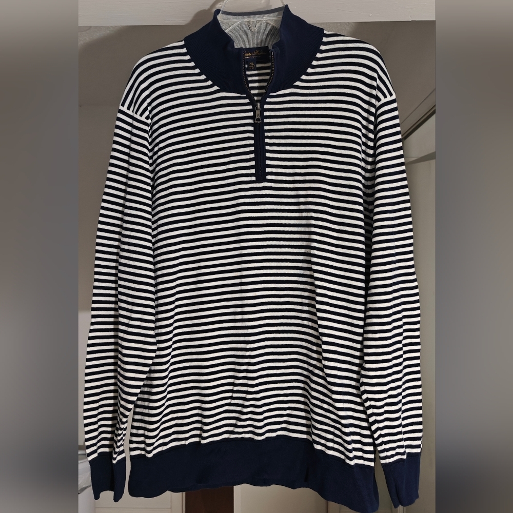 Brooks Brothers 346 1/4 Zip Blue and White Striped Pullover Sweatshirt Men's XXL
